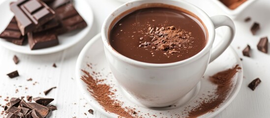 Delicious hot chocolate in cup on white backdrop.