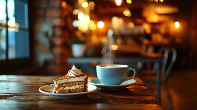  a piece of cake sitting on top of a white plate next to a cup of coffee on top of a wooden table with a saucer and saucer on it.