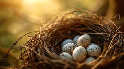  a nest filled with eggs sitting on top of a pile of brown and white birds nesting on top of a pile of brown and white and black birds eggs. - obrazy, fototapety, plakaty