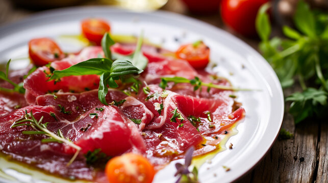 Beef carpaccio with capers, arugula and parmesan on a white plate. Ai Generative