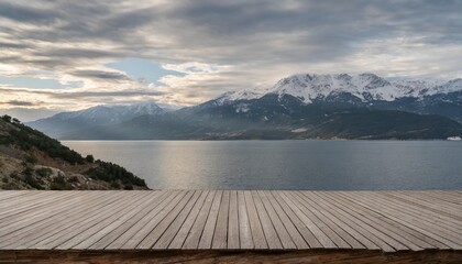 empty wooden floor for product display montages with sea and mountain background high quality photo