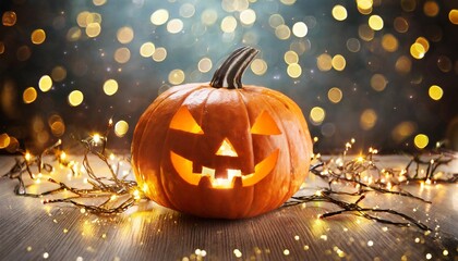Fototapeta premium halloween pumpkin with lights and sparkle bokeh background