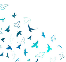 A flock of blue watercolor flying birds. Free birds abstraction. hand drawing. Not AI. Vector illustration
