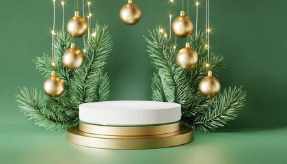 3d podium christmas display pastel green background gold christmas ornament on tree branch with lights minimal showcase stand for product presentation or text winter abstract 3d render mockup