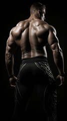 Fototapeta na wymiar A powerful display of a male's muscular back and arms, with a focus on strength and bodybuilding achievement, set against a dark backdrop.
