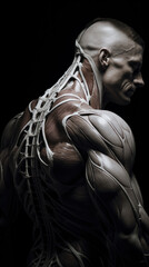 Fototapeta na wymiar A side view of a muscular male figure with an illustrative overlay of white tendons, showcasing human anatomy and musculature in a dark setting.