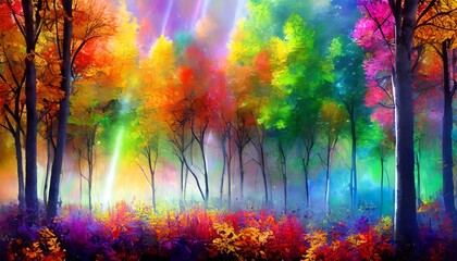 Obraz na płótnie Canvas landscape in a fabulous forest rainbow spectrum of colorful autumn trees in unusual neon lighting fog background autumn fantasy