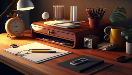 Wooden table with office supplies realistic wallpaper Ai generated image