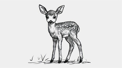  a black and white drawing of a fawn standing in the grass with its head turned to the side, looking at the camera, with its eyes wide open mouth wide open.