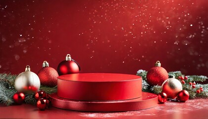 red podium for christmas product display on red background product display stand christmas baubles decoration