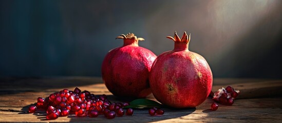 Fresh, ripe pomegranate with juicy grains on the table.