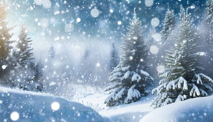 Fototapeta premium snowfall in winter forest beautiful landscape with snow covered fir trees and snowdrifts merry christmas and happy new year greeting background with copy space winter fairytale