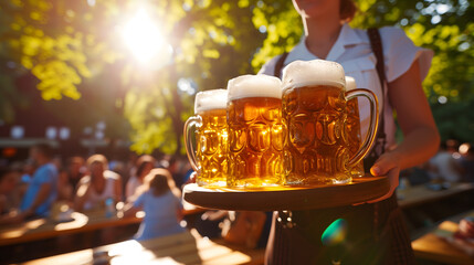a cheerful German waitress skillfully balancing a round tablet heaped with Maß steins of beer, each crowned with an extra frothy head, in a sun-drenched Bavarian beer garden - obrazy, fototapety, plakaty