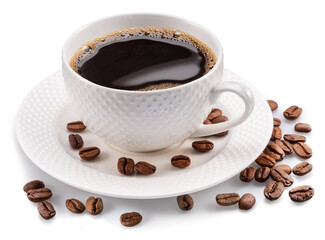 Cup of coffee and coffee beans isolated on white background.