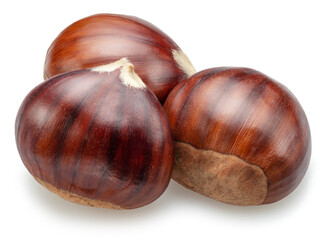 Raw chestnuts isolated on white background. Portuguese traditional snack autumn street food.