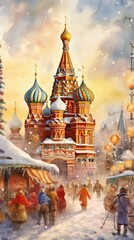 Obraz premium Russian holiday maslenitsa. Pancake Week at Russia, watercolor style. Slavic national festival People in folk costumes eat big tasty pancakes, have fun on winter pancake holiday week.