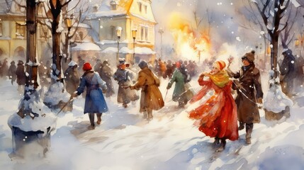 Russian holiday maslenitsa. Pancake Week at Russia, watercolor style.  Slavic national festival  People in folk costumes  eat big tasty pancakes, have fun on winter pancake holiday week.