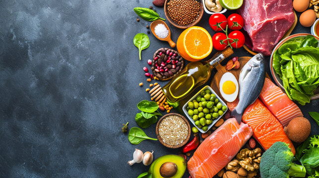 Balanced diet food background. Selection of various . Ai Generative