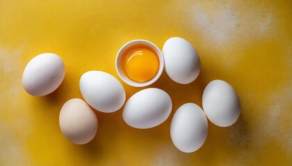 white eggs and egg yolk on the yellow background topview