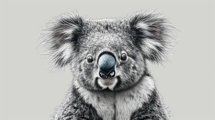  a black and white photo of a koala with a sad look on it's face and it's hair blowing in the wind, with a gray background.