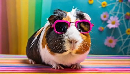 Obraz premium funny guinea pig wearing sunglasses in studio with a colorful and bright background generative ai
