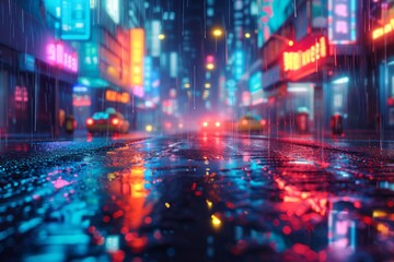 Vibrant Urban Scene with Neon Lights and Wet Asphalt AI Generated