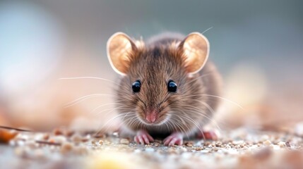  a close up of a small rodent on the ground looking at the camera with a blurry back ground and a blurry back ground in the foreground.