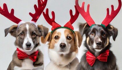 banner close up hide three dogs pet celebrating christmas wearing a reindeer antlers diadem santa hat and red ribbon on white or gray background