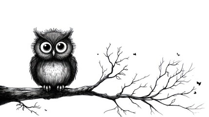  a black and white drawing of an owl sitting on a tree branch with its eyes wide open and one eye wide open, while the rest of the branch has no leaves.