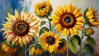 Obraz premium a collection of retro oil painted sunflowers flowers on a background generative ai