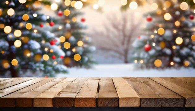 empty wooden table in front of blurred winter holiday background