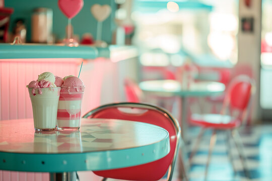 A quaint 1950s-style ice cream parlor, Valentine’s Day, blurred background