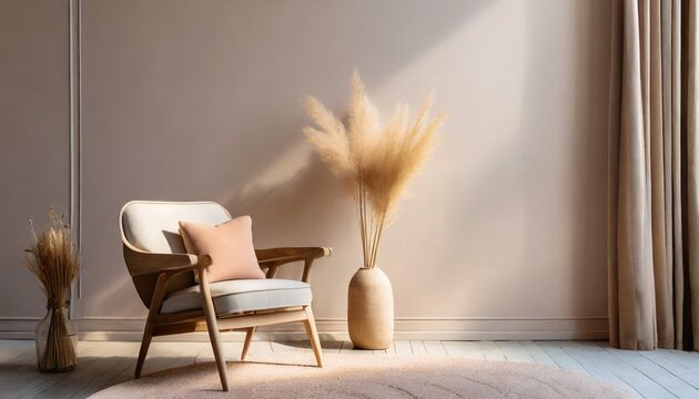 Fototapeta soft armchair and a vase with dry grass in empty room in morning light minimalist modern living room interior background scandinavian style empty wall mockup