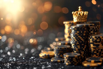 Creative Black and Gold Casino Banner with Playing Chips and Crown AI Generated