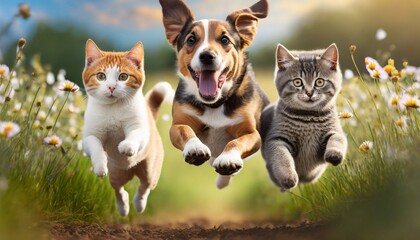 cute funny dog and cat group jumps and running and happily a field blurred background - obrazy, fototapety, plakaty