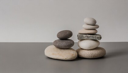Fototapeta na wymiar a stone zen composition captures the essence of minimalistic simplicity and tranquility balanced rock stacks on a gray and white background concept of peace wellness and mindfulness copy space