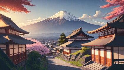 a beautiful japanese village city town in the morning buddhist temple shinto shrine anime comics artstyle cozy lofi asian architecture mount fuji in background 16 9 4k resolution  - obrazy, fototapety, plakaty