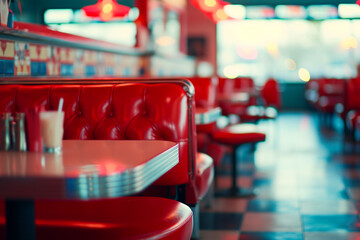 A retro soda shop with red leather booths, Valentine’s Day, blurred background - obrazy, fototapety, plakaty