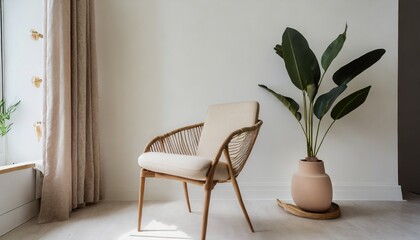 light colored room with a chair and a sizable plant conceptual living room interior minimalist aesthetic  - obrazy, fototapety, plakaty