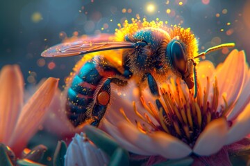 Colorful Bee in a Fantasy Environment with a Golden Spotlight on a Flower AI Generated - obrazy, fototapety, plakaty