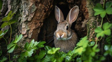  a rabbit is looking out of a hole in the bark of a tree that is growing on the side of a tree trunk with green leaves on the other side of it.