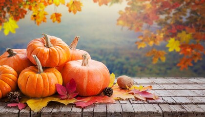 pile of orange raw pumpkins with fall leaves on wooden table over fall background