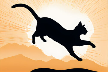 Silhouette of a Cat Leaping Against a Sunset Background
