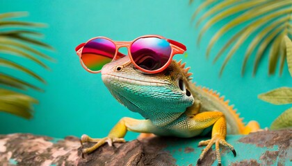 lizard on turquoise background wearing colourful sunglasses generative ai - obrazy, fototapety, plakaty