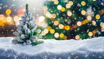 Fototapeta na wymiar empty white snow with blur christmas tree with bokeh light background