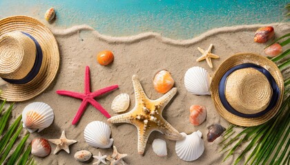 Fototapeta na wymiar summer travel background from beach sand with starfish and seashell top view 