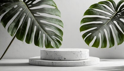 white stone podium cosmetic display product stand with monstera leaf on white background 3d rendering - obrazy, fototapety, plakaty