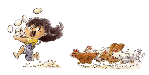 Girl stealing eggs and being chased by chickens