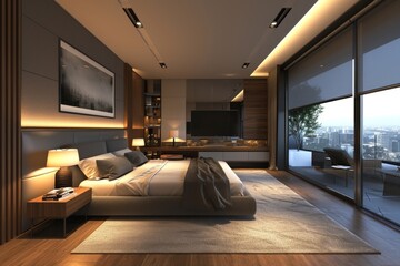 Sleek Minimalist Bedroom with Modern Monochromatic Design AI Generated - obrazy, fototapety, plakaty