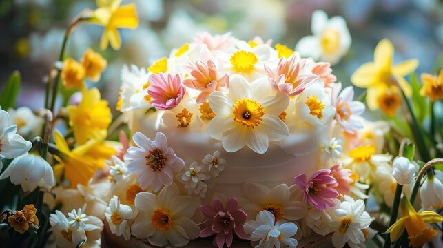  a close up of a cake on a table with flowers in the background and a blurry image of the cake in the foreground with the cake in the foreground.